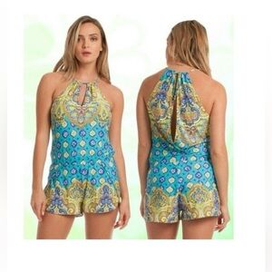 Trina Turk Turquoise Corsica Print Halter Jersey Short Cover Up Romper S